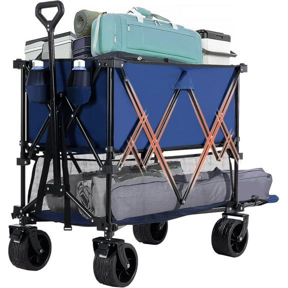 LIFERECORD Heavy-Duty Folding Wagon Cart - 440lb Capacity Foldable Utility Cart with Adjustable Handle & All-Terrain Wheels, Blue
