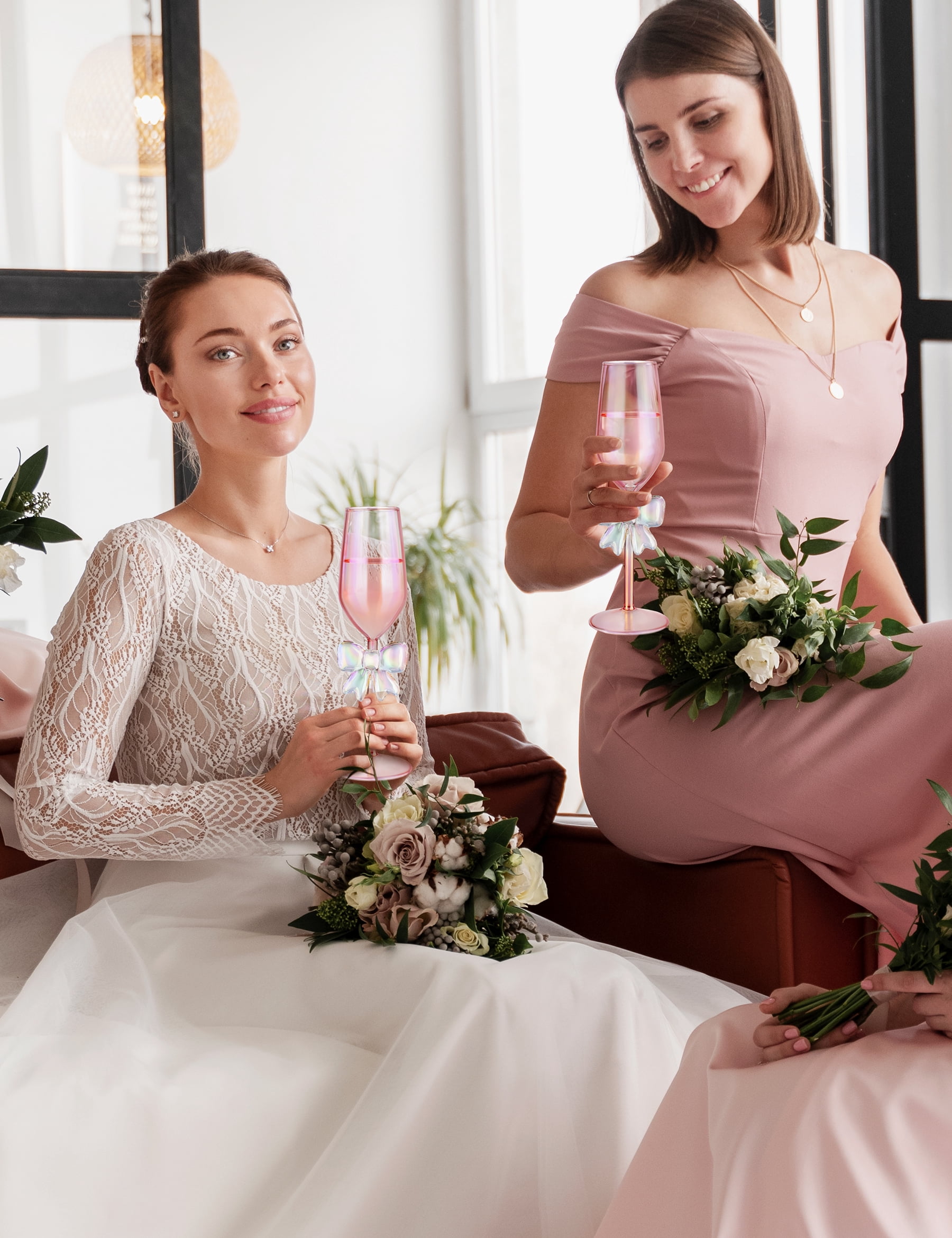 NiHome 2-Pack Pink Iridescent Champagne Flutes with Bow Base for Women, 10.5oz Handcrafted High Borosilicate Glasses, Elegant Rainbow Glassware for Wedding Party Celebration, Unique Tall Drink Cups