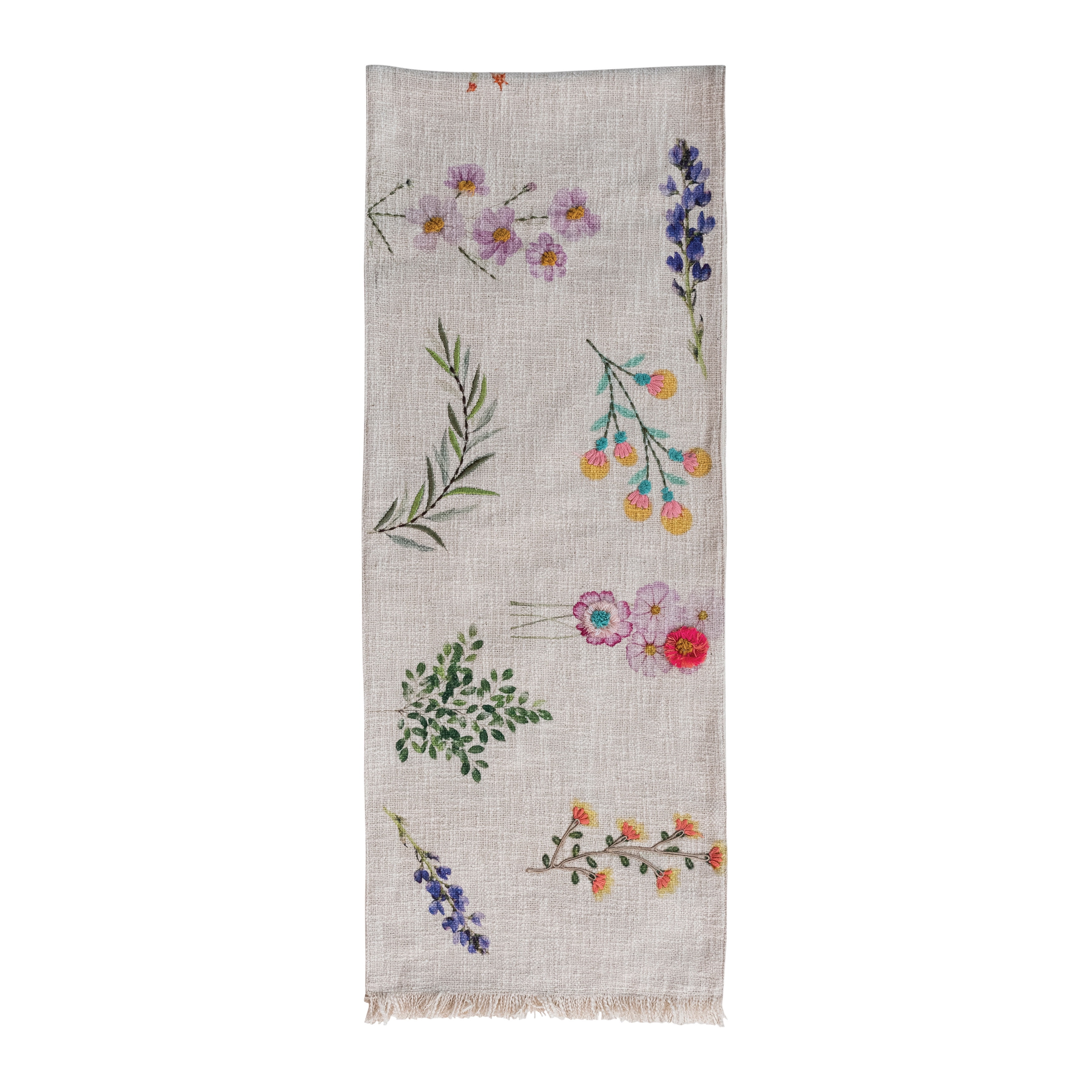 Bloomingville Long Slub Printed Rectangle Table Runner with Flowers, Embroidery and Fringe, Multicolor