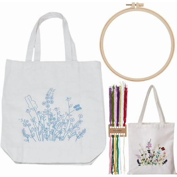 1set DIY Canvas Handbag Embroidery kit Vintage Flowers Pattern Tote Bag Embroidery Making Kit for Beginners Canvas Bag Stitch Kits Include Embroidery Hoops Color Threads Needle