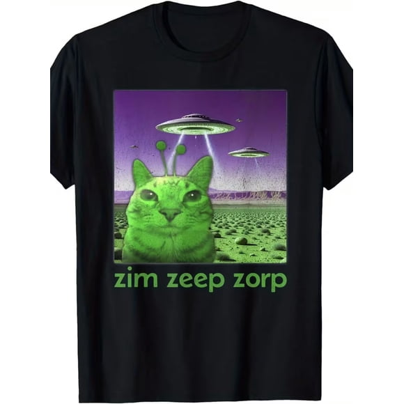 Funny Alien Cat Meme Zim Zeep Zorp Retro UFO Graphic Design Unisex T-Shirt G178, up to Size 5XL