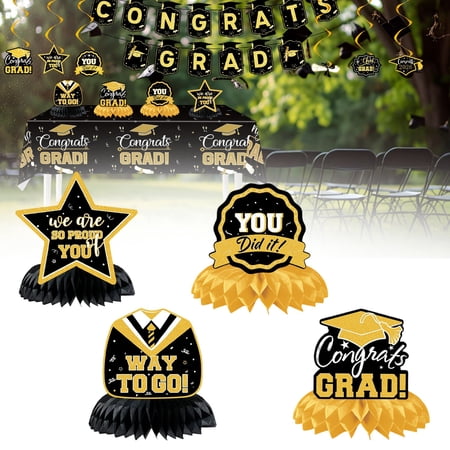 Graduate Banner 2026 Graduation Decorations 2026 Black Gold Honeycomb Centerpieces Set With 4 Table Decoration Pieces For Graduation Party Celebration