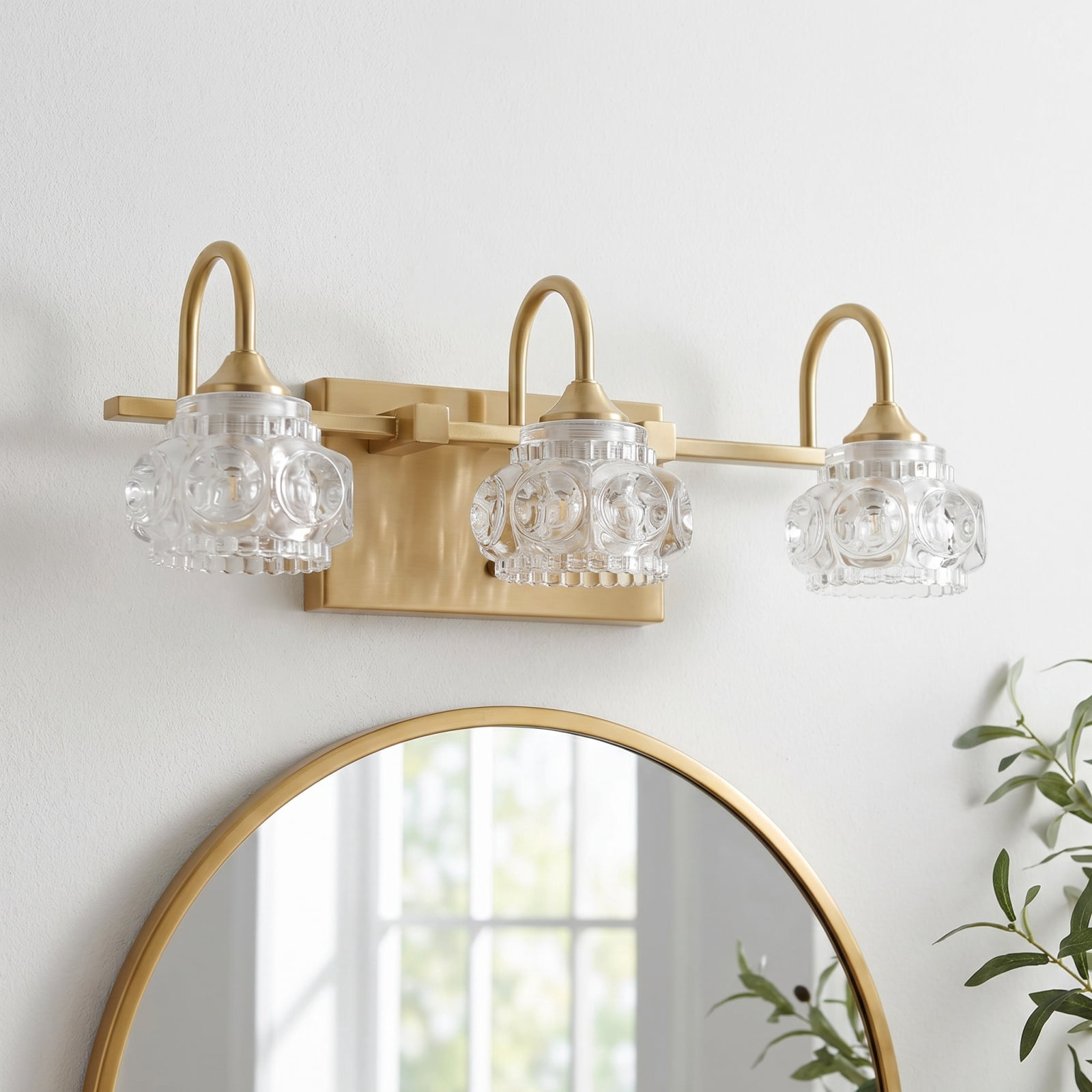 17" Modern 3-Light Crystal Bathroom Vanity Light, Gold Wall Sconce with Clear Glass Shades, Elegant Bathroom Lighting Fixtures Over Mirror, for Vanity or Powder Room (Bulbs Not Included)