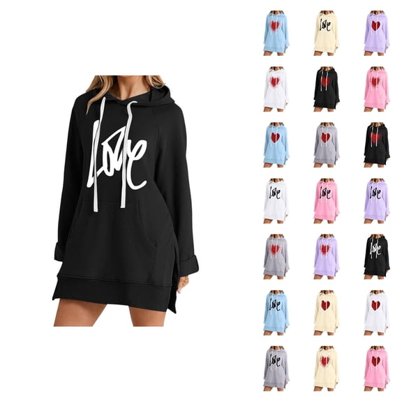 Valentines Hoodie Dress for Women Long Sleeve Side Slit Graphic Hooded Sweatshirt with Pockets Pullover Tops