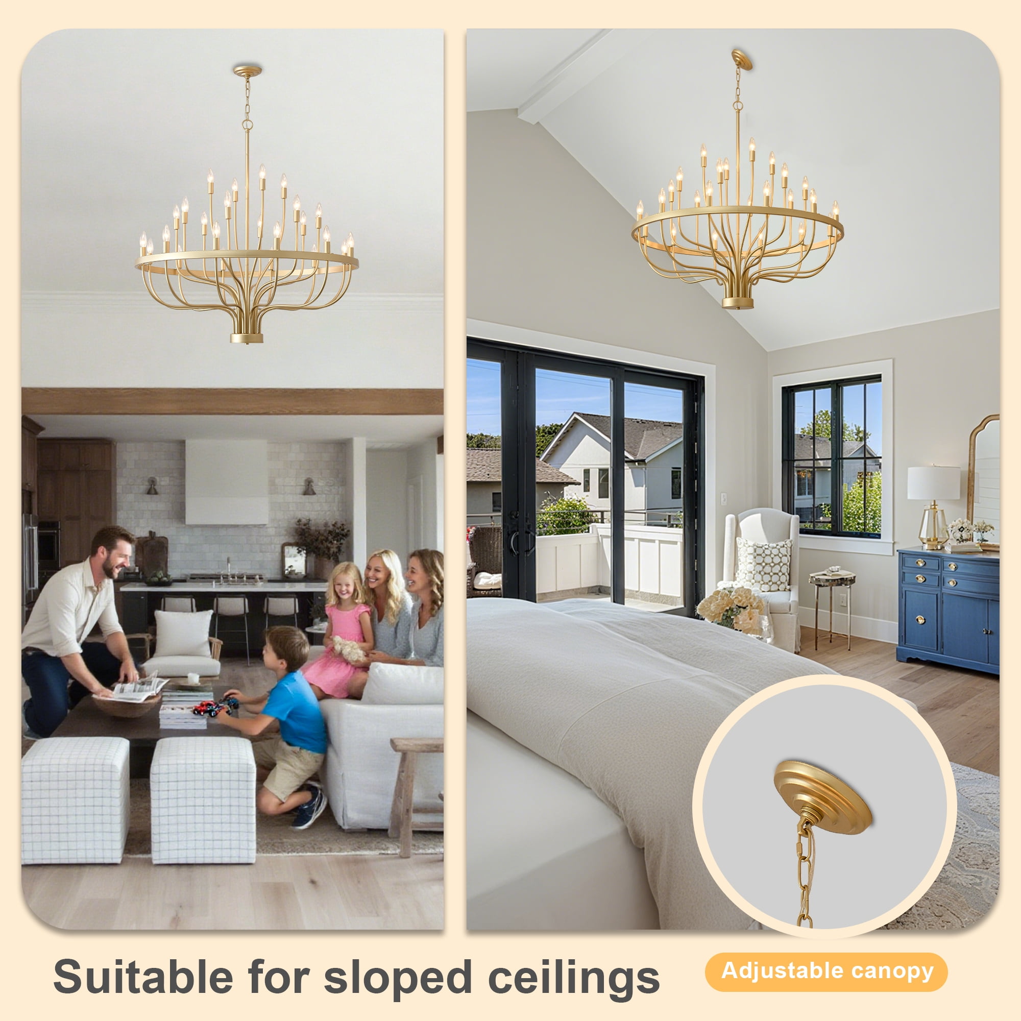 24 Lights Gold Chandelier Modern Farmhouse Pendant Lighting - Adjustable Height Antique Brass Ceiling Light for Dining Room, Foyer, Entryway, Living Room
