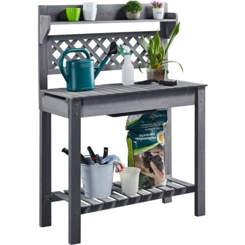 Gray Garden Potting Bench Table Wooden Workstation Outdoor Wooden Potting Table