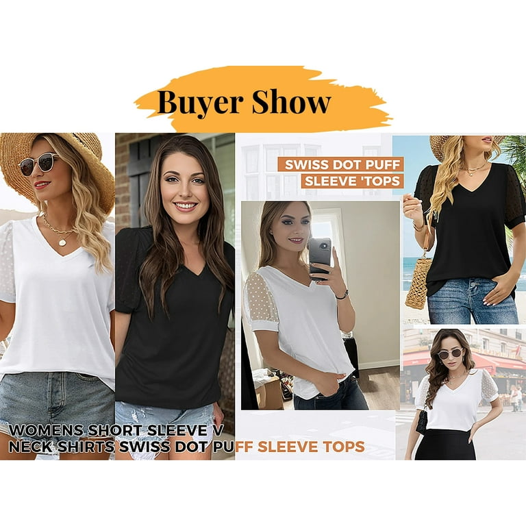 MOSHU Women's Swiss Dot Puff Sleeve V-Neck Blouse for Summer