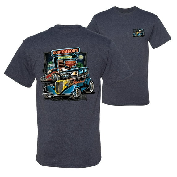 Wild Bobby,Hot Custom Rods Drive Thru Diner Cars and Trucks Front and Back Men's Graphic T-Shirt, Vintage Heather Navy, Medium
