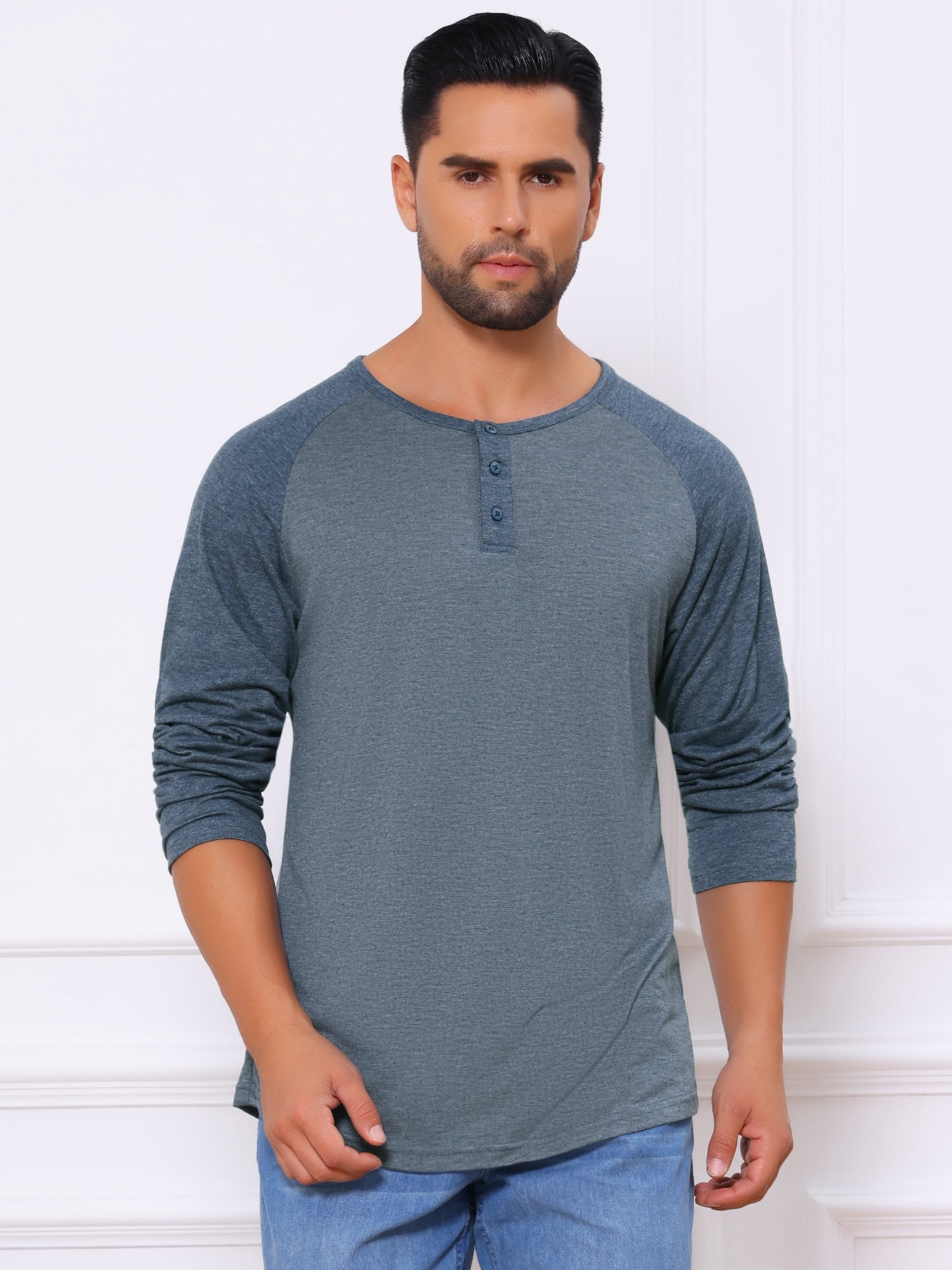 DARING DIVA Men's Raglan Long Sleeve Tee Shirt Baseball Henley T-Shirts 2XL Dark Blue