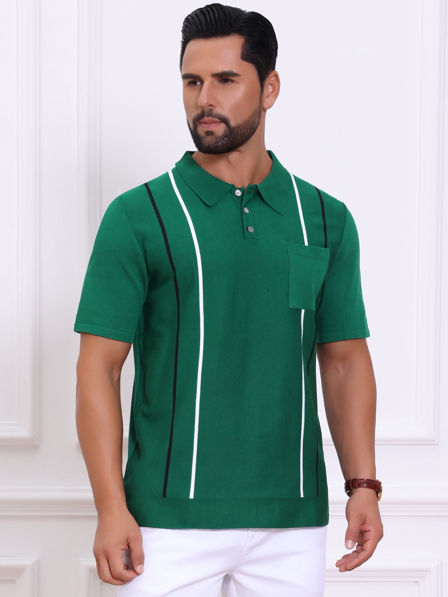 DARING DIVA Men's Striped Knit Chest Pocket Short Sleeve Vintage Golf Shirts L Green