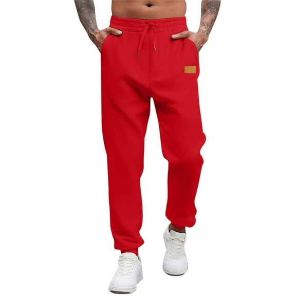 Dwelliawo Men's Cotton Sweatpants Lounge Casual Athletic Running Sweatpants Open Bottom Straight Leg Fleece Trousers Winter Essentials Elastic Waist Sweatpant with Pockets Red M