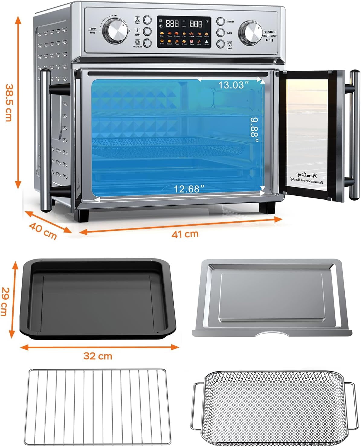 Plum Chef 26QT Large Capacity French Double-Door Air Fryer Convection Toaster Oven, 1700W, 14 Preset Menus, 7-in-1 Multi-Function (Bake, Roast, Gril,Toast,Dehydrate&Defrost), Stainless Steel,silvery