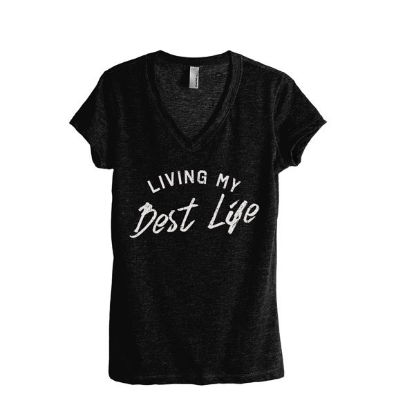 Living My Best Life Women's Fashion Relaxed V-Neck T-Shirt Tee Heather Black X-Large
