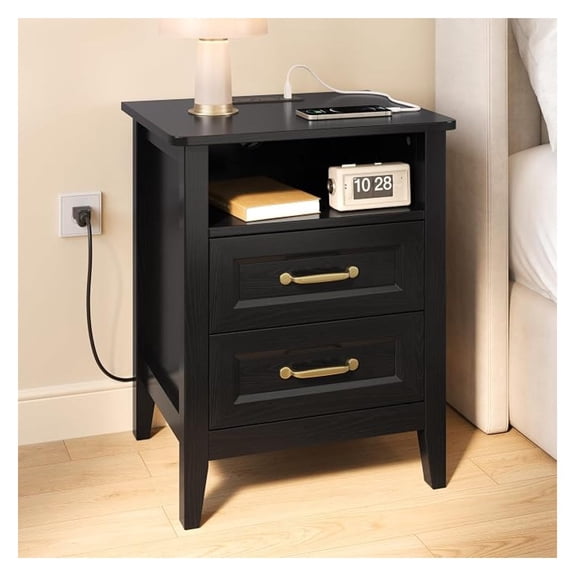 Sunshen Nightstand with Charging Station, Bedside Table Set for Bedroom, Modern Wood Nightstand with 2 Drawers & Open Shelf, Black