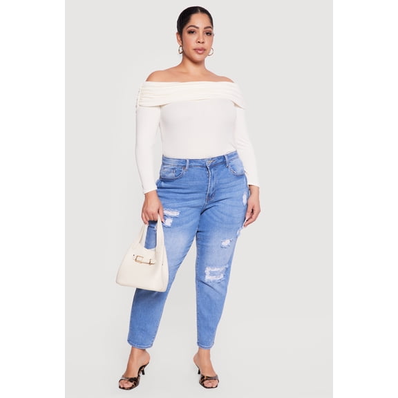 Women's Plus Size WAX High Waisted Distressed Mom Jeans
