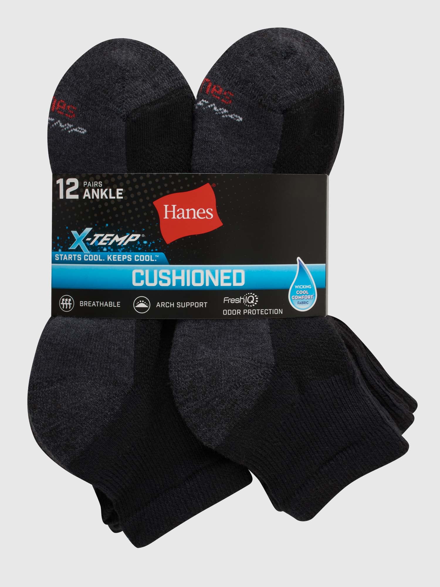 Hanes Men's X-Temp Cushioned + Arch & Vent Ankle Socks (Pack of 12 Pairs) - Black