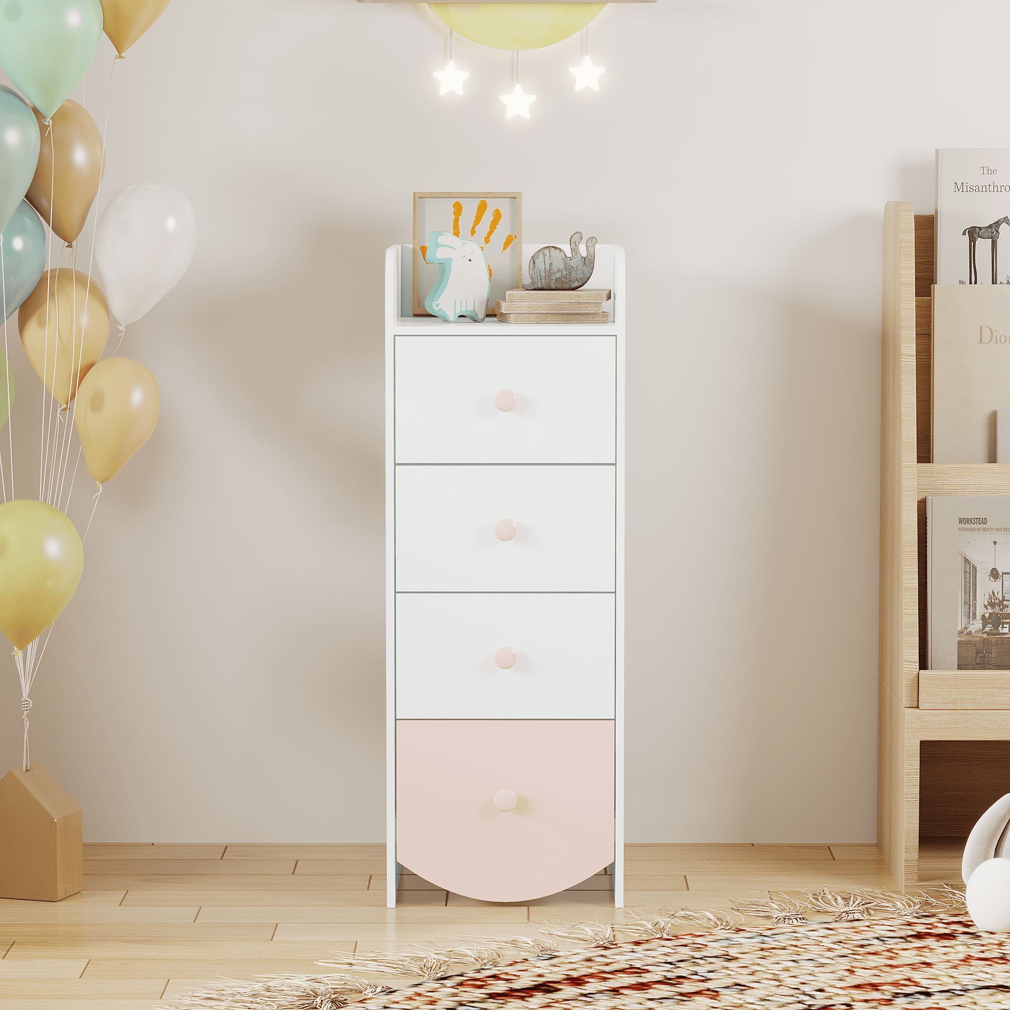 Kids Dresser with 4 Drawers, Narrow Storage Cabinet for Kids Room, MDF Chest of Drawers with Round Bottom Design, Nursery Bedroom Organizer, White