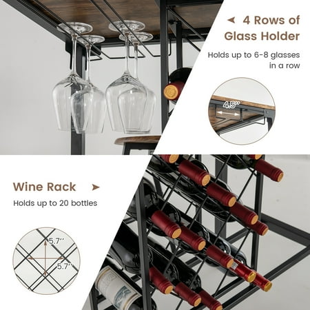 Costway 5PCS Bar Table & Stools Set Industrial Bistro Set with Wine Rack & Glass Holder - Rustic Brown/Black