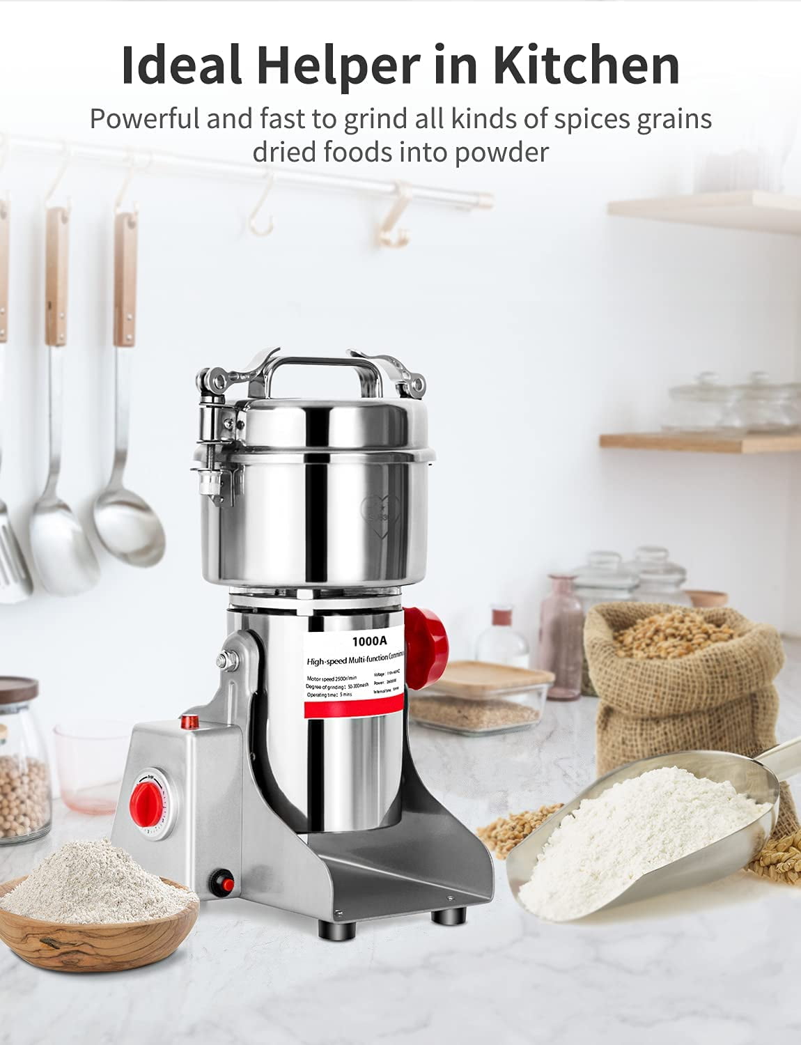 300g Grinder Electric Powder Machine 28000RPM Stainless Steel Commercial Grade Electric Grain Mill Grinder Powder Machine for Kitchen Herb Spice Grain Pepper Coffee US Plug 