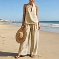 thumbnail image 5 of Karymi Rompers for Women 2 Piece Gingham Linen Blend Outfit Set, V Neck Sleeveless Loose Pullover Tank Top+Elastic High Waist Wide Leg Pants with Pockets Jumpsuits for Women Dressy, 5 of 7