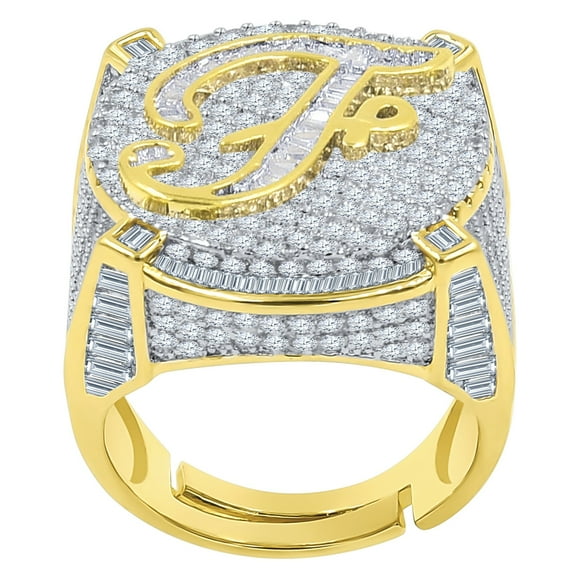 Mens Gold Tone Baguette/Round Cut Simulated Diamond Initial Letters Alphabet "F" Ring Band