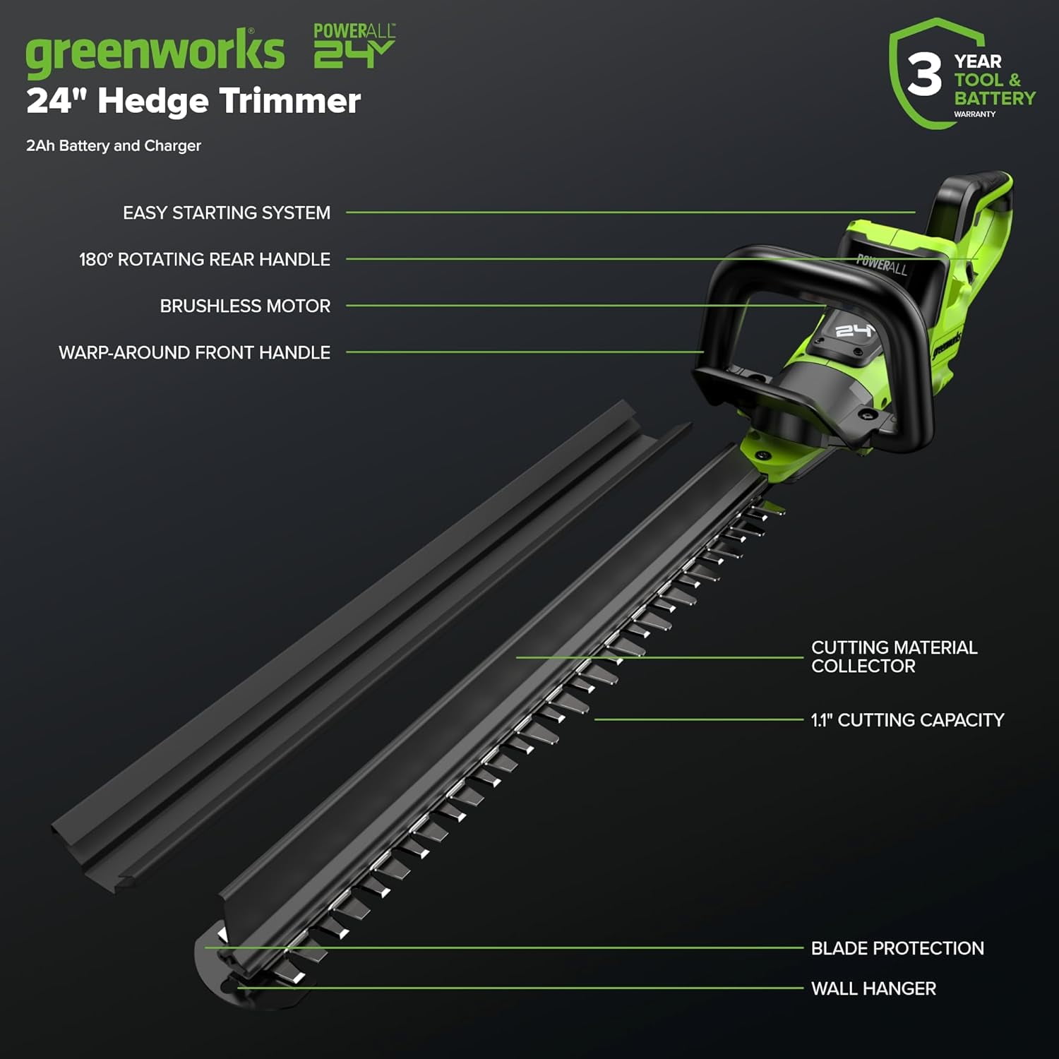 Greenworks 24V 24" (1.1" Cutting Capacity/Rotating Handle) Brushless Hedge Trimmer Cordless, 2.0Ah Battery and Charger Included
