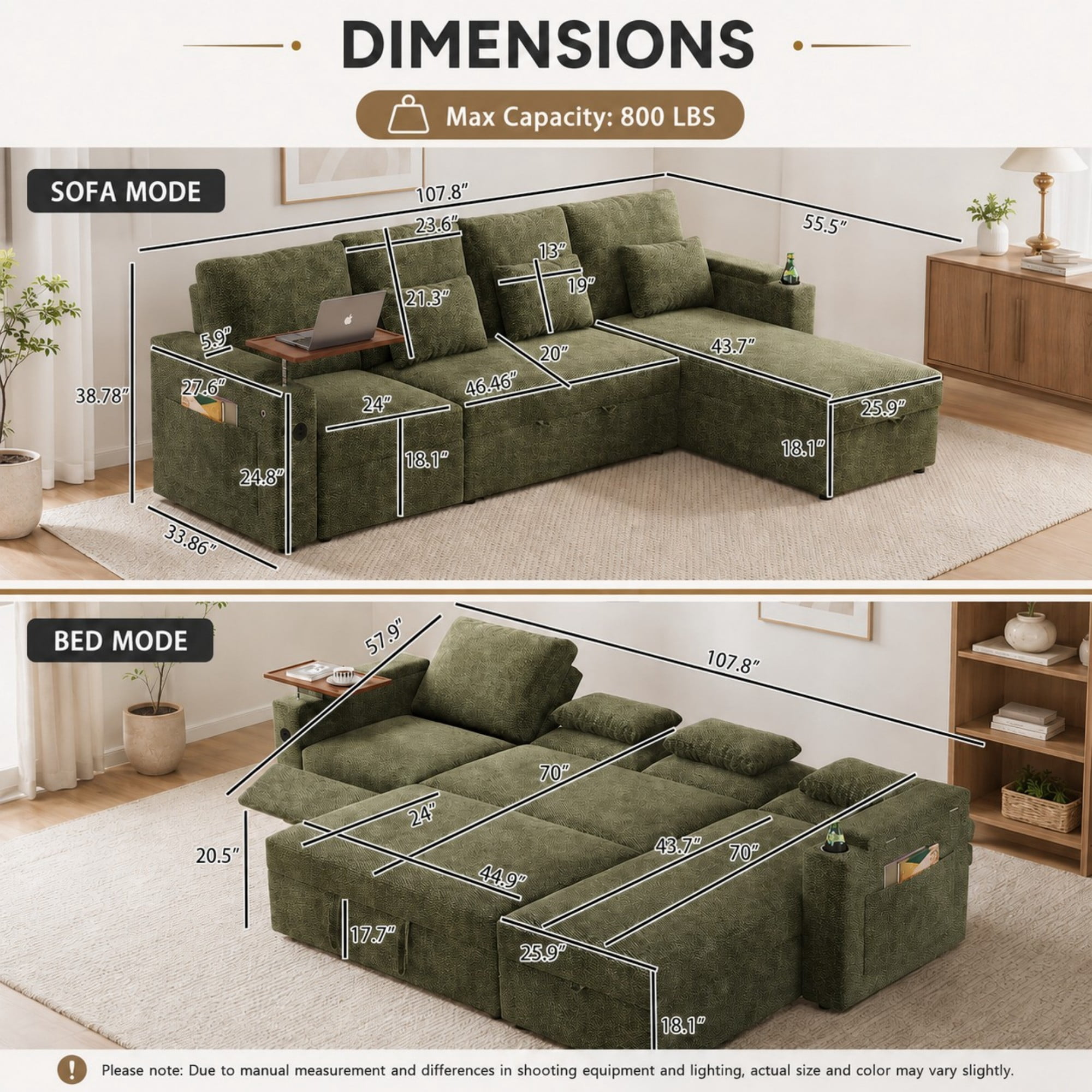 DEALTOPS 108" Chenille L-Shaped Pull Out Sleeper Sofa Bed with Recliner, Storage Chaise & USB Ports, Green