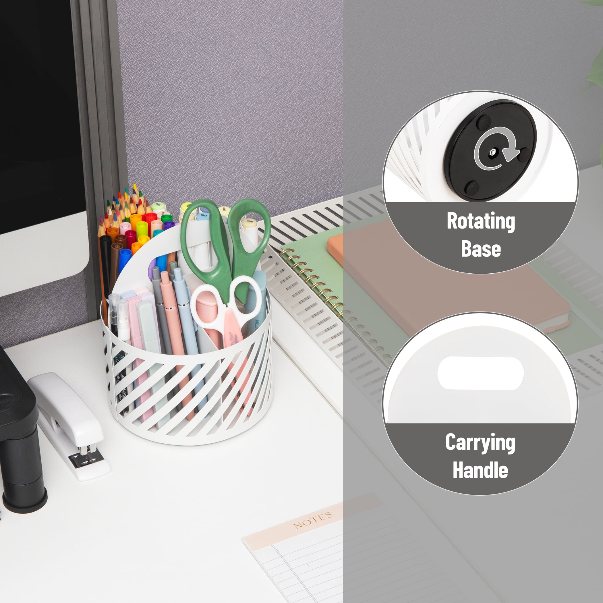 Mind Reader Round Metal Desktop Carousel Organizer with Handle, Four Compartments, Office Supplies and Accessories, Metal, White