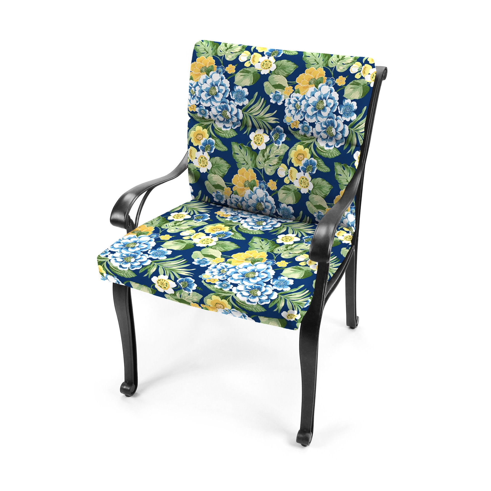 Jordan Manufacturing 44" x 22" Binessa Lapis Blue Floral Rectangular Outdoor Chair Cushion with Ties and Hanger Loop