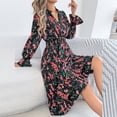 thumbnail image 2 of BRGZLK Women's Floral Dress Summer Trendy Long Sleeve V-Neck Empire Waist Midi Dress Soft Loose Comfortable Solid Color Flowy Wedding Guest Dresses Black S, 2 of 6