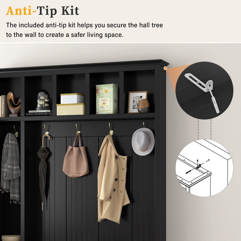 Farmhouse Hall Tree with Open Cubbies, Entryway Coat Rack with Hooks, Multi-Functional Mudroom Organizer with Storage Drawers for Shoes, Bags and Accessories