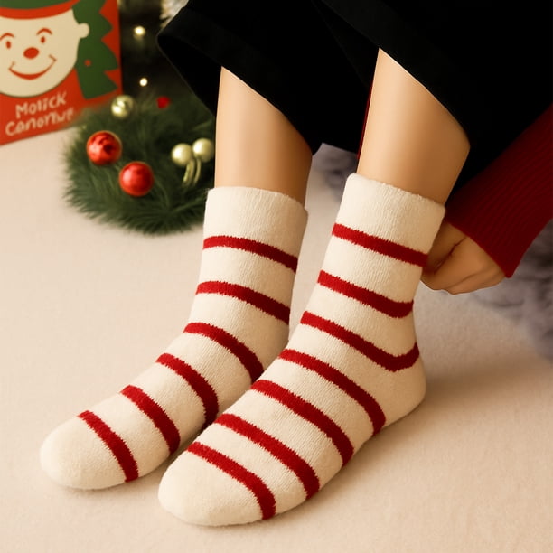 Medias Navideñas de Terciopelo Rojo para Invierno | Calcetines de Forro Polar Acolchado y Grueso para Mujer | Calcetines Suaves y Cálidos de Tela No Tejida para Dormir En Casa | Decoración Navideña p