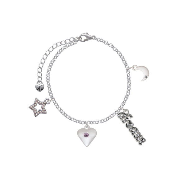Delight Jewelry Silvertone Large Light Purple Crystal Heart Silvertone Dream Big Charm Bracelet, 7.5 2" Extender