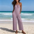 thumbnail image 6 of Women's Solid‑Color Spaghetti Strap Wide‑Leg Jumpsuit Front Tie V‑Neck Back Zipper Loose‑Fit One‑Piece Pants with Side Pockets Purple XXL(XXL), 6 of 9
