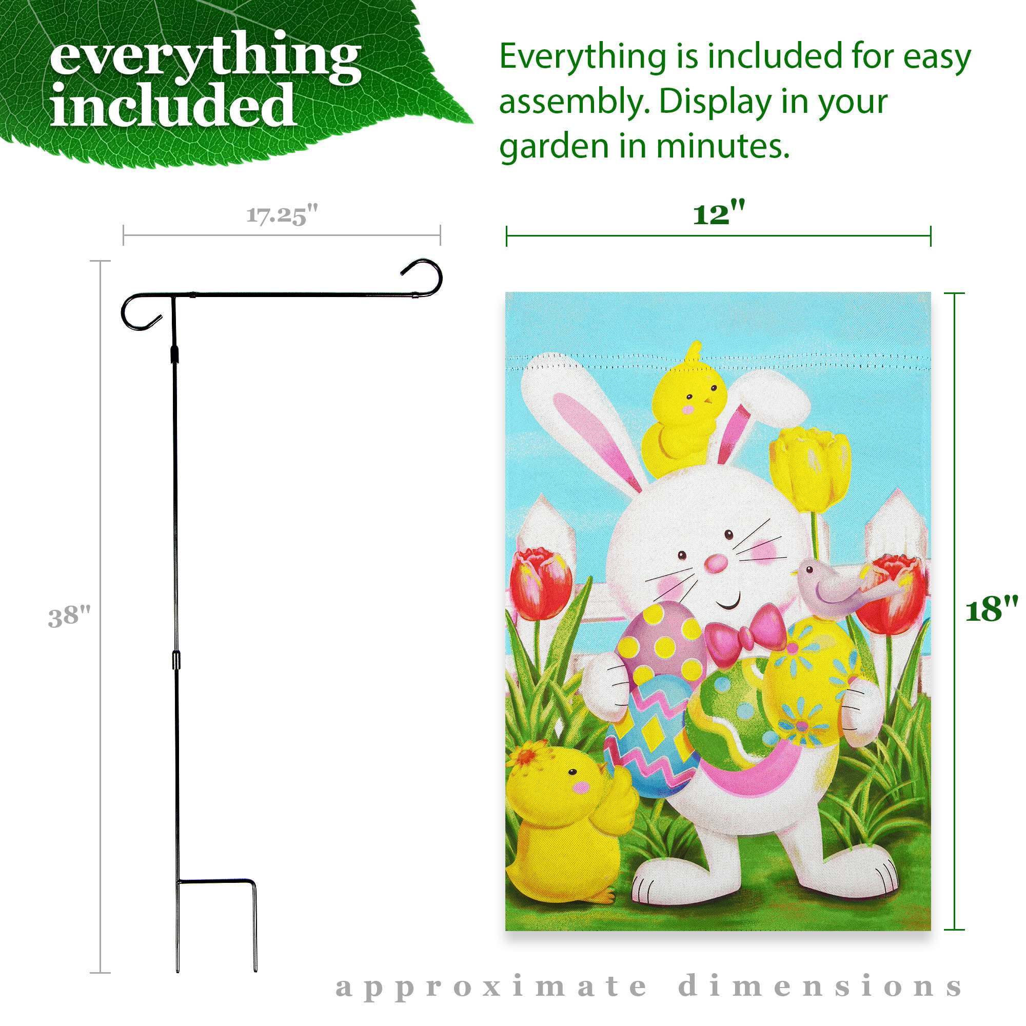 G128 2sets: 36"x16" Flag Stand & 12"x18" Double Sided Easter Bunny with Eggs Garden Flag Outdoor