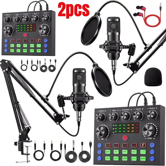 2pcs Podcast Device Kit, Wired Microphone, Audio Interface And BM-800 Condenser Microphone, Perfect For Recording (without Battery)