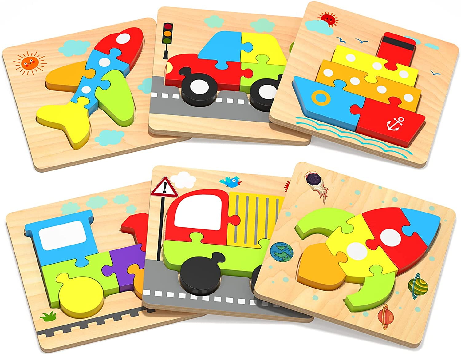 Wooden Toddler Puzzles Gifts Toys for 1 2 3 Years Old Boys Girls, 6 Vehicle Shape Jigsaw