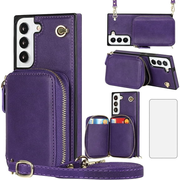 Phone Case for Samsung Galaxy S22 Plus S22  5G Wallet Cover with Tempered Glass Screen Protector and Zipper Card Holder Slot Stand Leather S22 5G S22plus 22S   S 22 22  G5 Women Men Purple