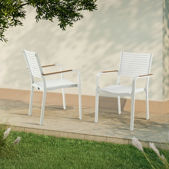 Ulax Furniture Outdoor Stackable Chairs Patio Aluminum/Plastic Dining Armchair With Teak Arm, Set of 2