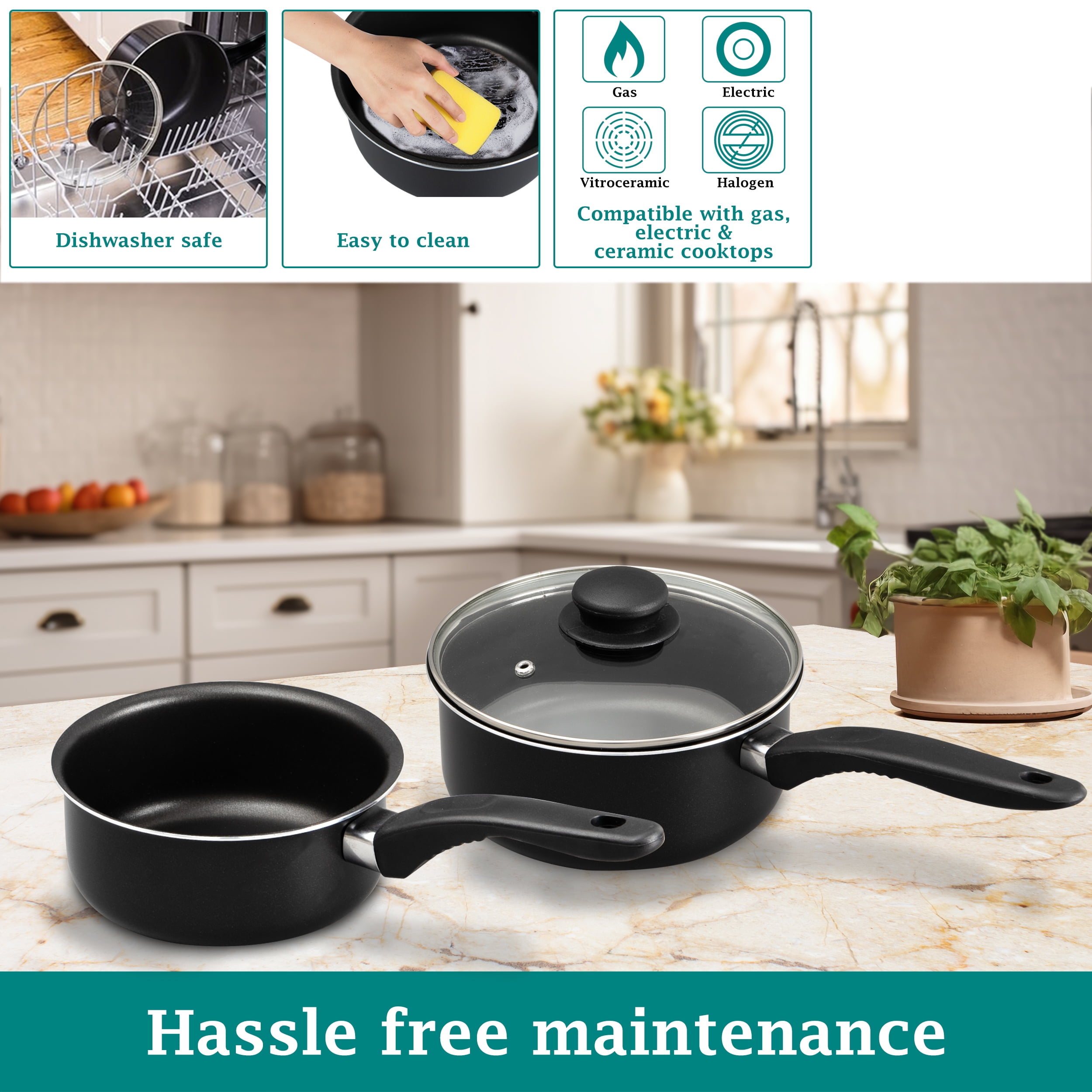 Mainstays 3-Piece Nonstick Sauce Pan Set, Black, 1 Qt & 2 Qt with Single Glass Lid