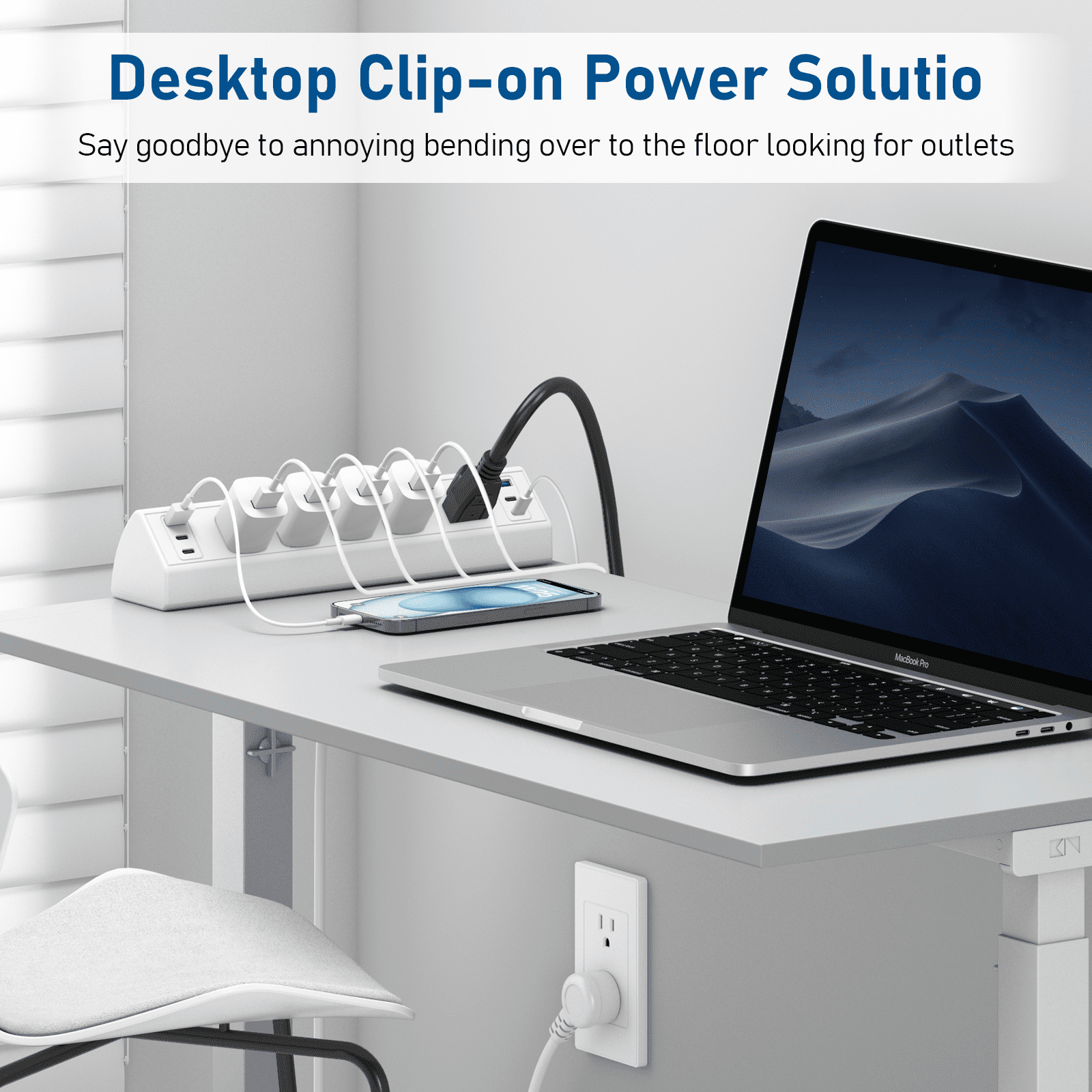 VILONG Desk Clamp Power Strip with USB-C & USB-A Ports–Desktop Edge Mount Surge Protector Power Strip with 5 Outlets–Clamp-on Desk Mounted Power Station for Office Standing Desk,White