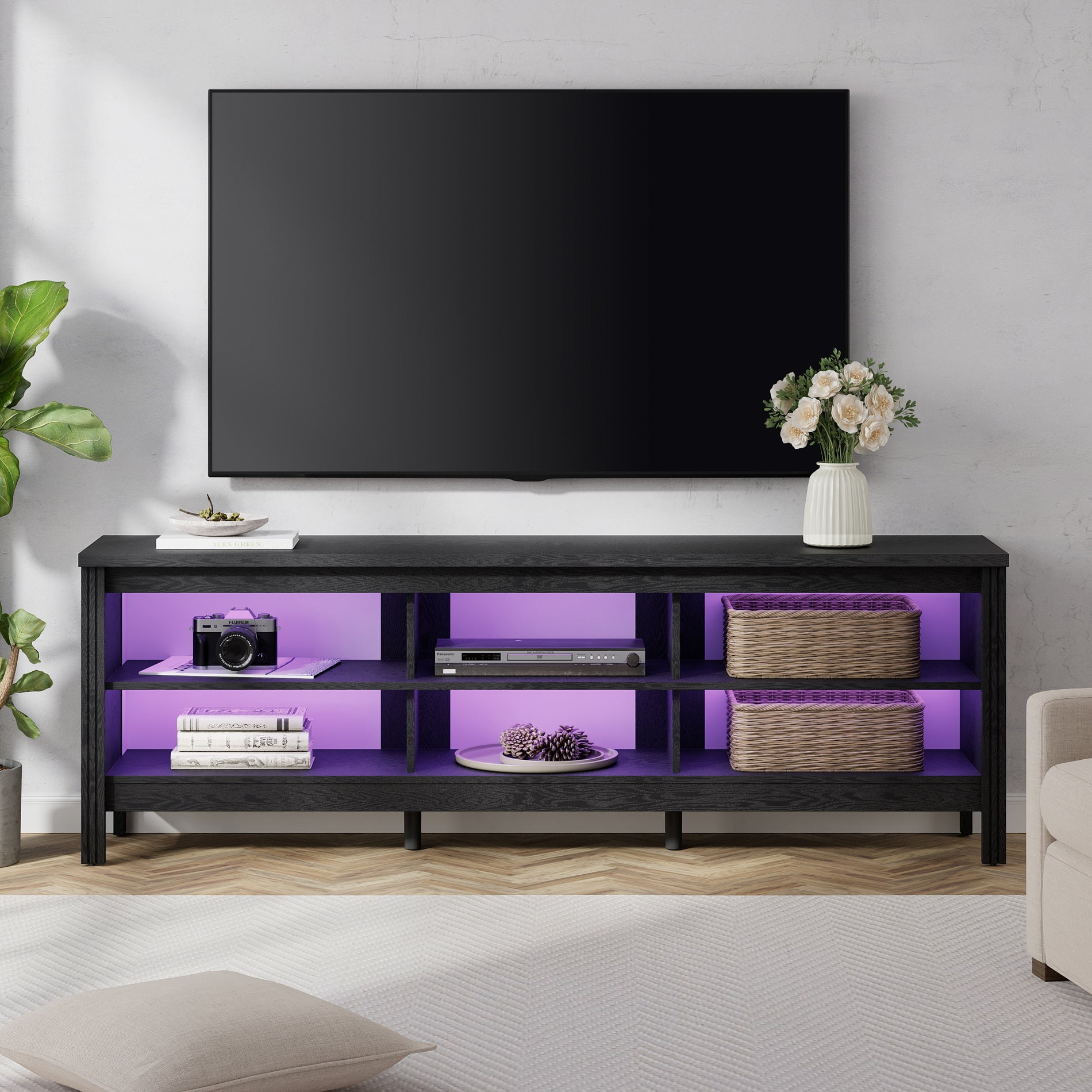 WAMPAT 70" Classic TV Stand for 75 Inch Flat Screen, Wood Entertainment Center with 16 Color LEDfor Living Room, Bedroom, Black