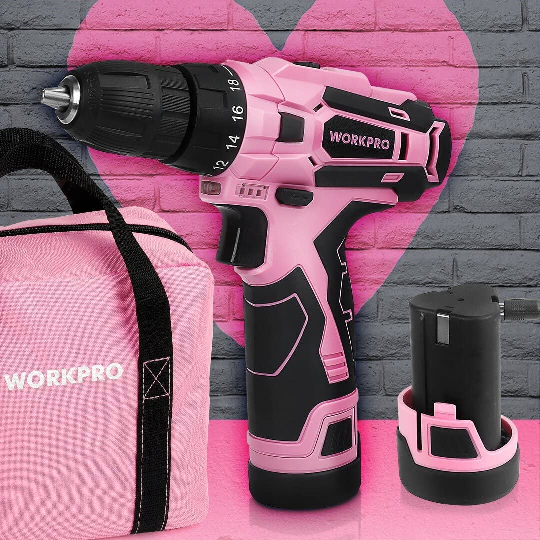 WORKPRO Pink Cordless Drill Driver Set, 12V Electric Screwdriver Driver Tool Kit for Women, 3/8" Keyless Chuck, Charger and Storage Bag Included - Pink Ribbon