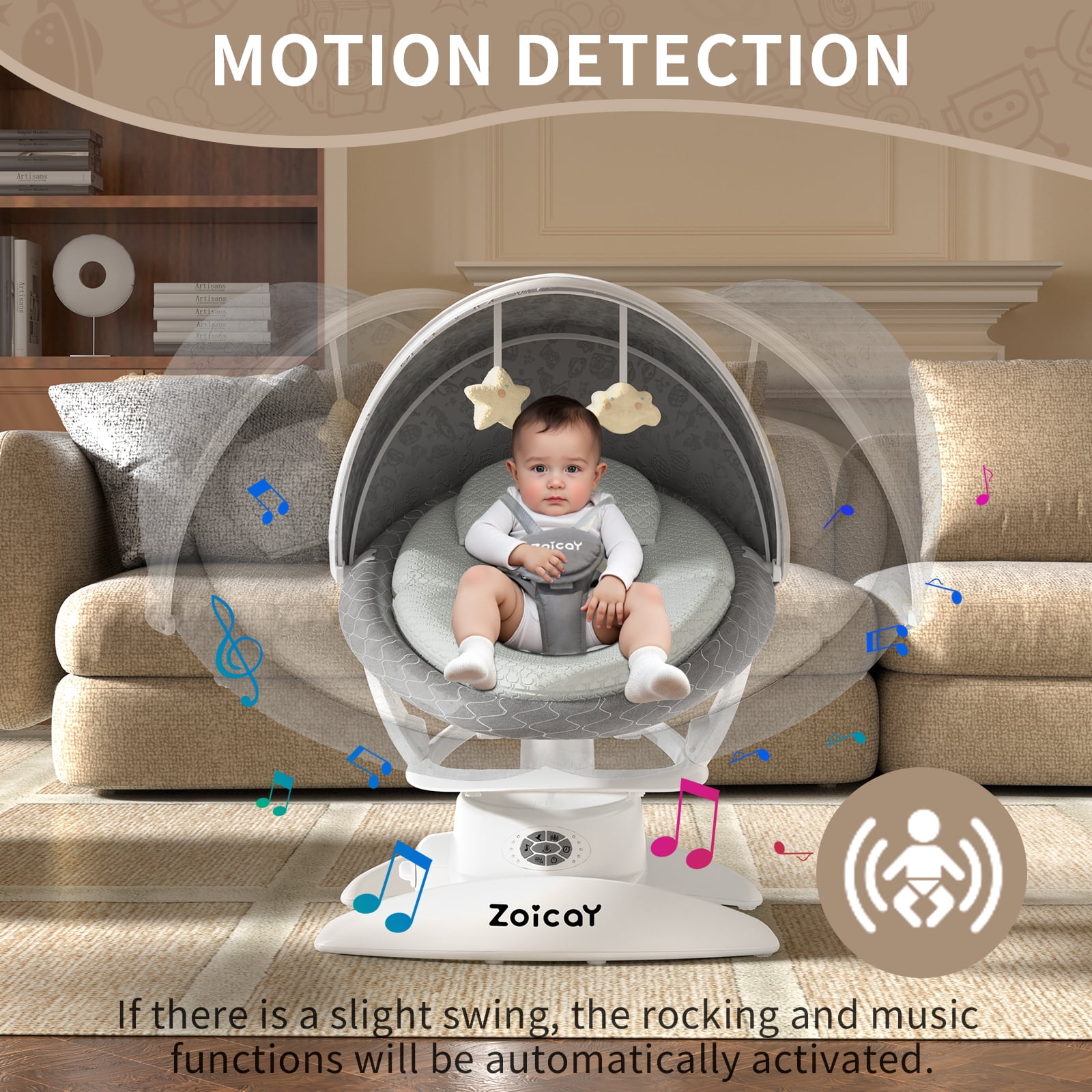 Zoicay Baby Swing, Baby Rocker Stationary Seat Infants Swing 3-IN-1 Design, Motion Detection, 5 Speeds & 3 Modes, 12 Melodies & Bluetooth Music, Gray