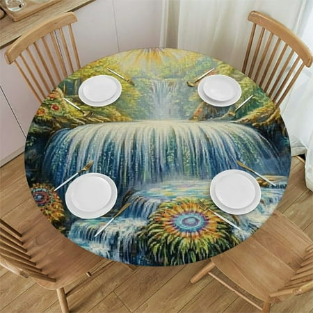 

Sheronv Waterfall Trees Sun Round Tablecloth Cover Stain Resistant Washable Indoor Outdoor Kitchen Dining Wedding Parties 100% Polyester Tablecloths 42 -46
