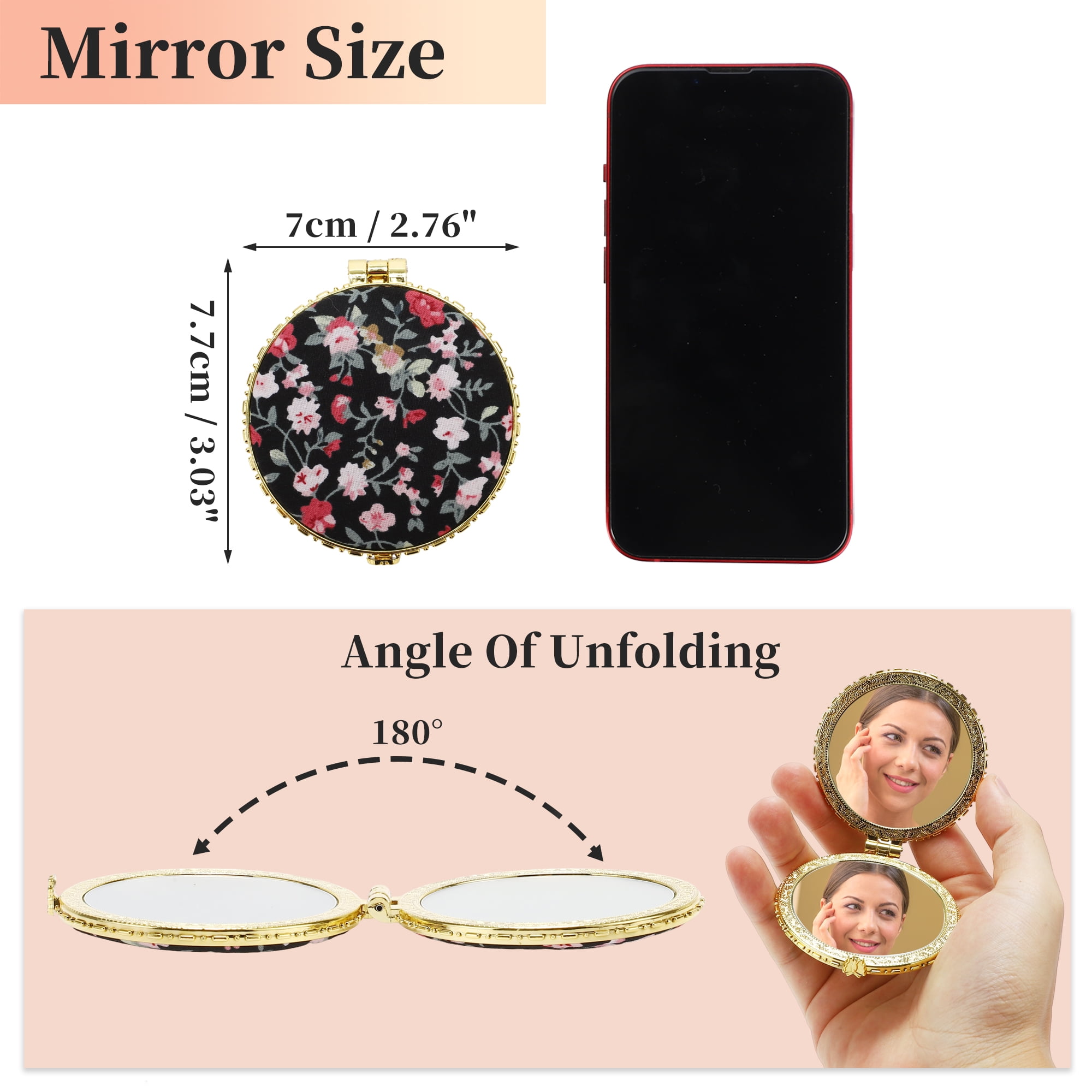 Unique Bargains Round Mini Floral Mirror for Women Purses Pocket Black