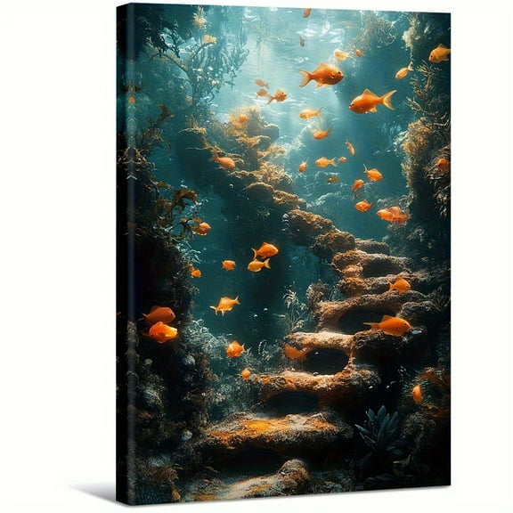 Tropical fish swimming coral reef. Large Wooden Wall Art Home Decor Canvas Painting - Bedroom, Bathroom, Living Room, Office, Kitchen, Holiday - 1 Piece Without Frame