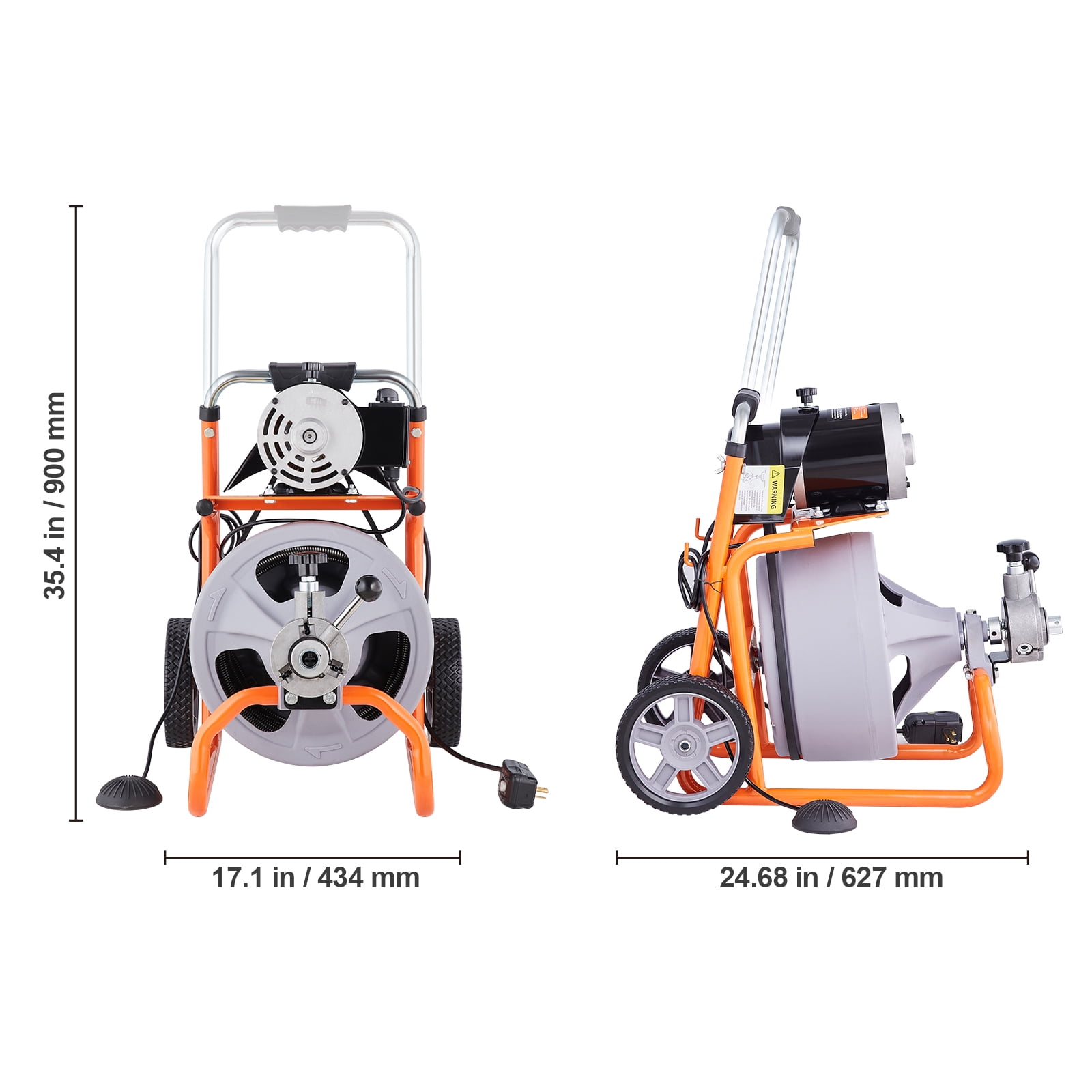 KFFKFF 75FT x 3/8 Inch Drain Cleaner Machine with Auto-Feed, Portable Sewer Snake on Wheels, Drain Cleaning Tool with 8 Cutters & Foot-Activated Switch for 2" to 4" Pipes