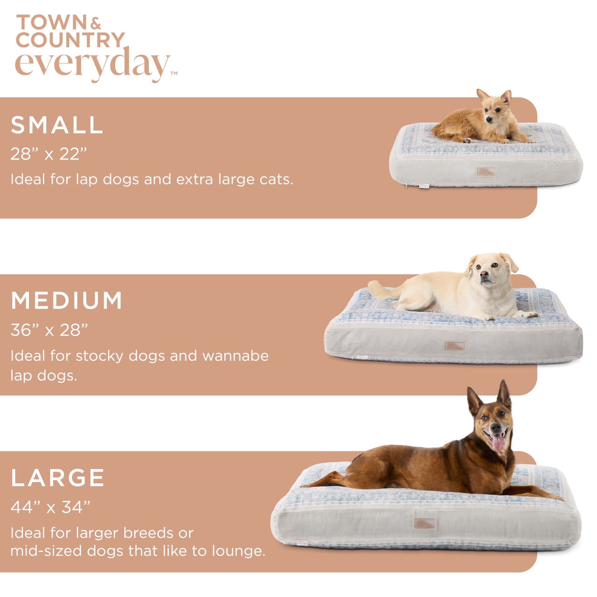 TOWN & COUNTRY EVERYDAY CuddleTown Medallion Everwash® Pillow Pet Bed, Water Repellent Floor Pillow, Machine Washable Cover, Soft & Calming, Blue/Greige, Large 44"x34"x4"