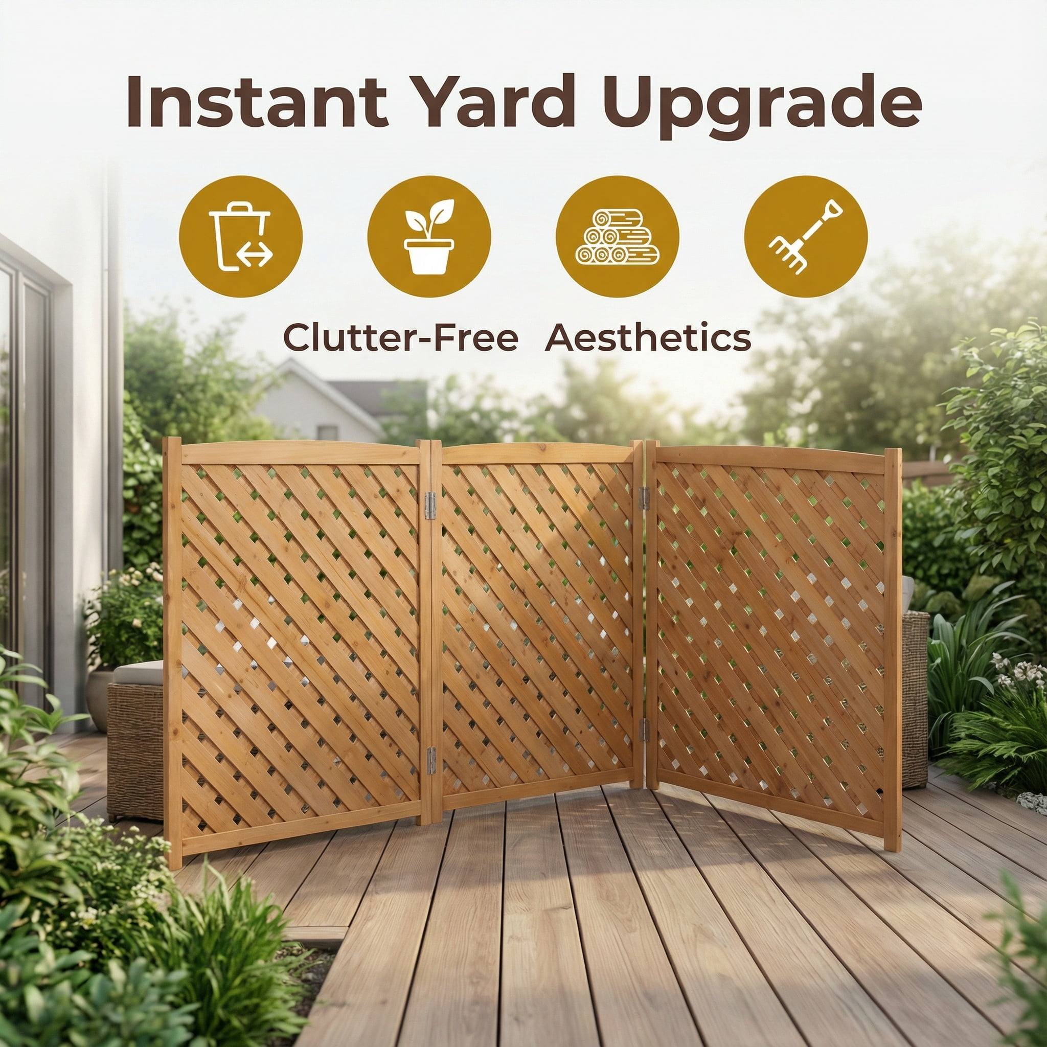 MAYEERTY 3-Panel Outdoor Wood Privacy Fence Screen, 32"Wx38"H Air Conditioner Trash Can Enclosure for Backyard Patio